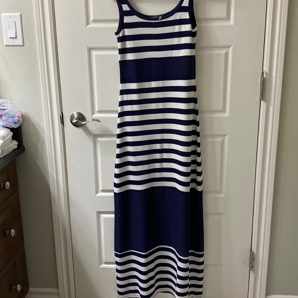 THML Anthropologie mixed media Breton stripes maxi dress beach sheer panels XS